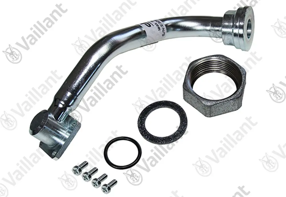 Vaillant Verbindungsrohr mit einer gebogenen Form, Schrauben, Dichtungen und einer Mutter zur Verbindung von Gasleitungen.